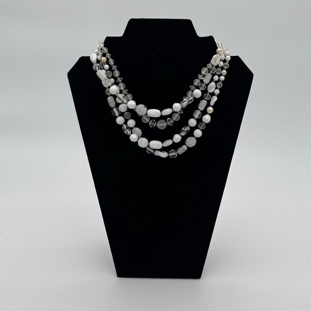 Vintage 1950s Triple Strand All Glass Bead Necklace 14-17” Adjustable Mid Centur